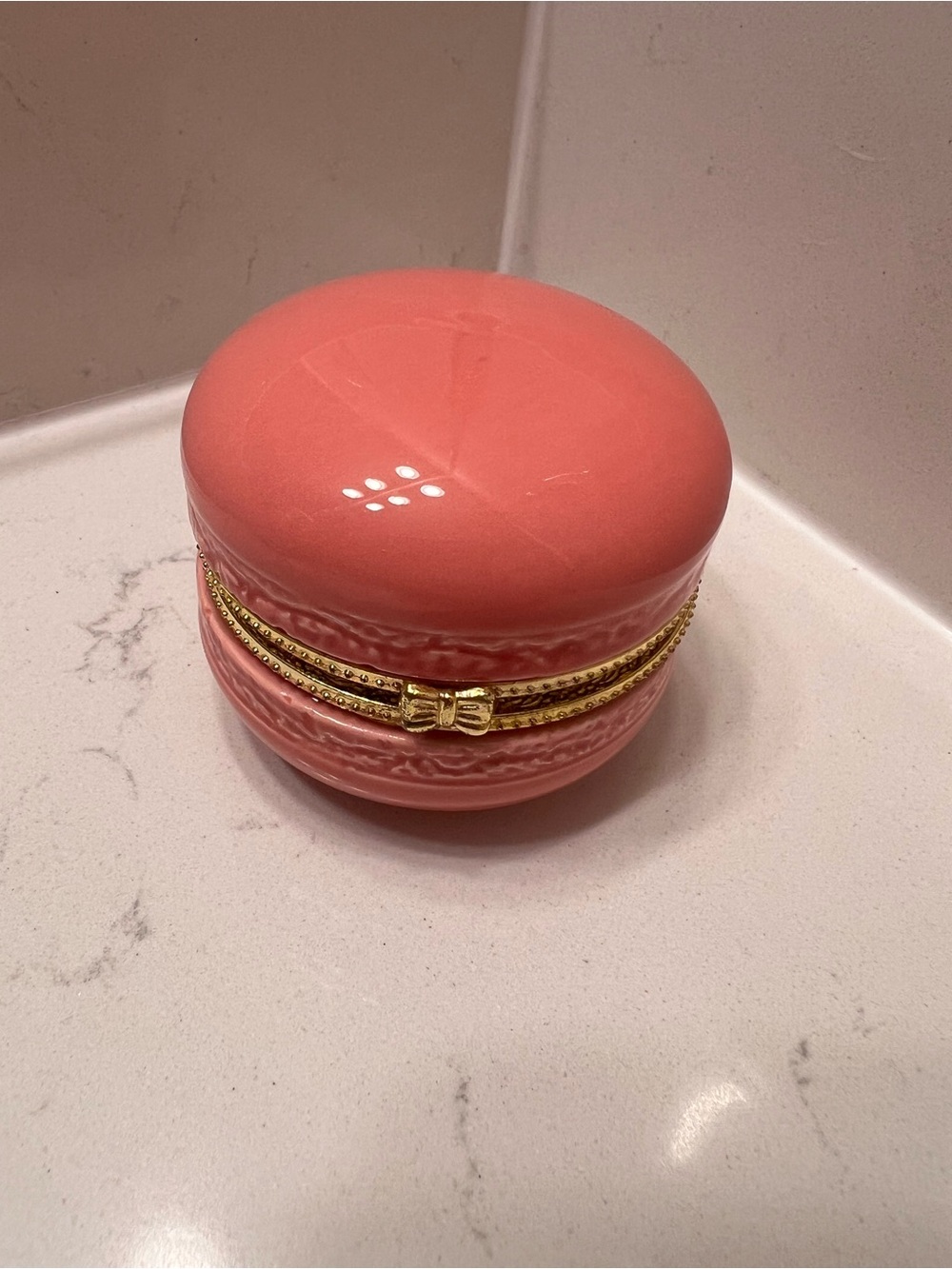 Pink Ceramic Macaron Trinket Box - Gold Bow Hinged Jewelry Box
